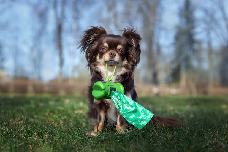 A fluffy chihuahua holds green dog poo bags in its mouth.