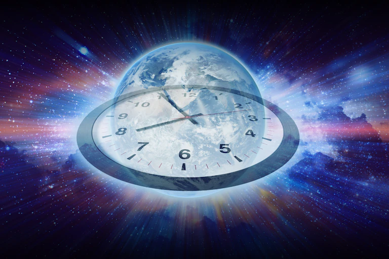 A concept image of the Earth on a giant clock.