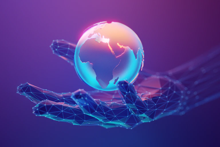 A purple and blue hand holding the globe with Africa highlighted and lit up