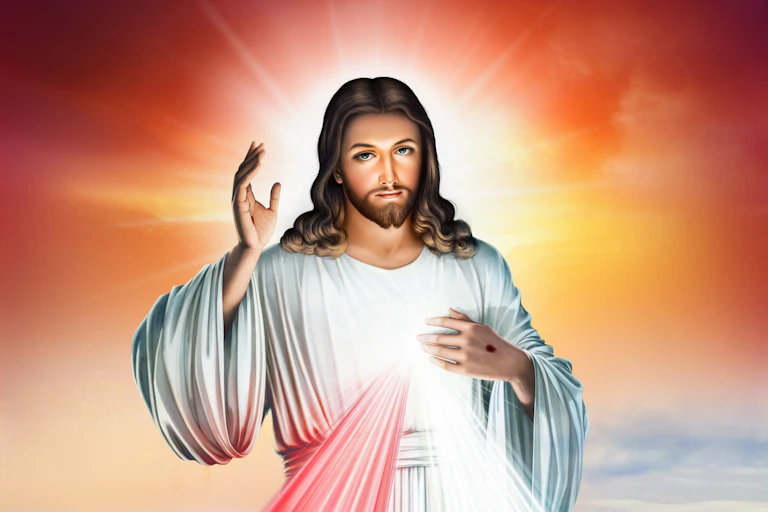 A digital image of a man with a halo and shoulder length hair in a robe, an orange sky behind him.