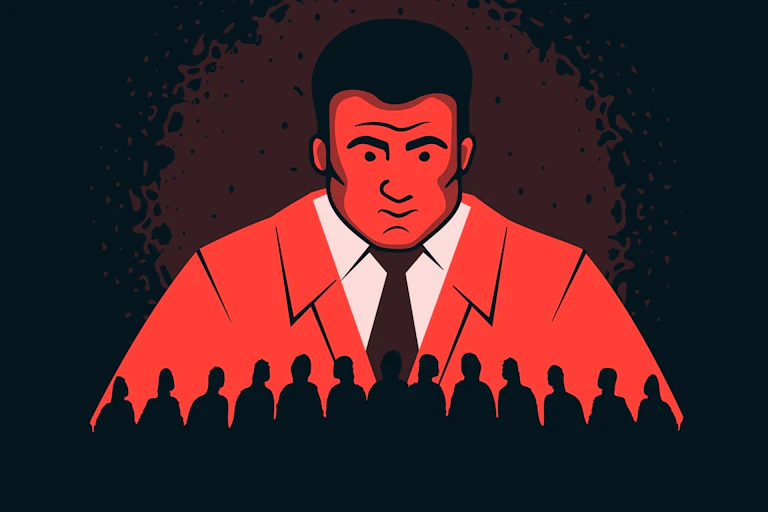 An illustration of a giant man looking down on people.