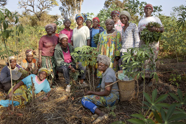 A group of women in a field with trees in the background
