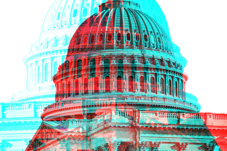 A blue and red colored illustration of the U.S. Capitol.