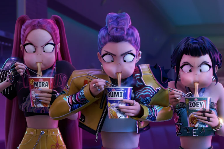 Three colorful animated girl characters slurp noodles from paper cups