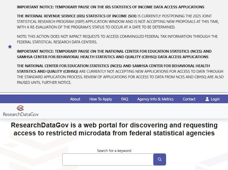 Screenshot of the dataset search bar with a notice above listing datasets that are not available