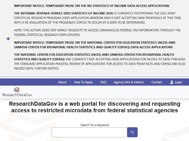 Screenshot of the dataset search bar with a notice above listing datasets that are not available