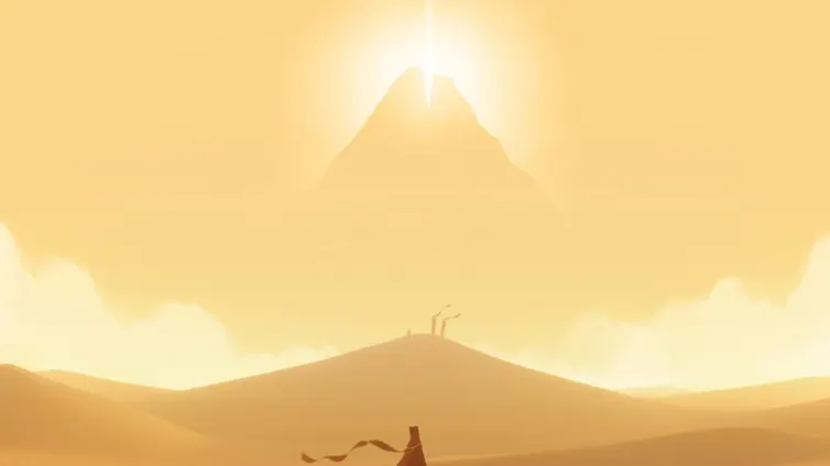 A screenshot from a videogame showing a figure travelling towards a distant mountain.