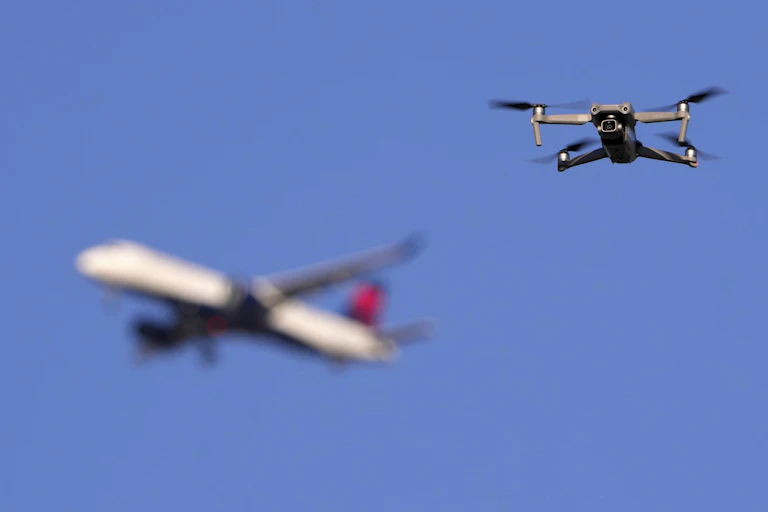 A drone hovers as an airliner approaches for a landing at St. Louis Lambert International Airport.