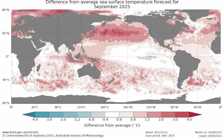 Map of sea-surface temperature departures from normal.