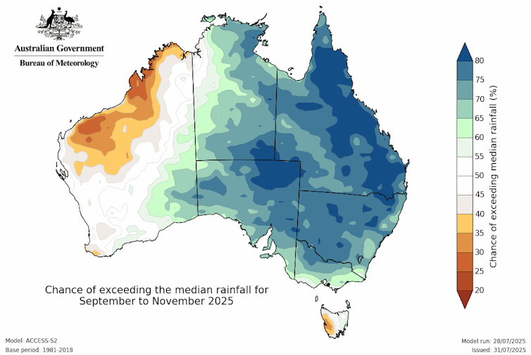 MAP of Likelihood of Wetter Than Average Conditions Across Australia This Spring.