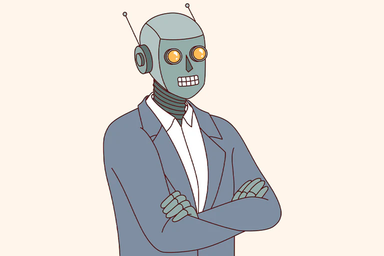 Ilustración de un hombre con cabeza de robot y camisa y chaqueta