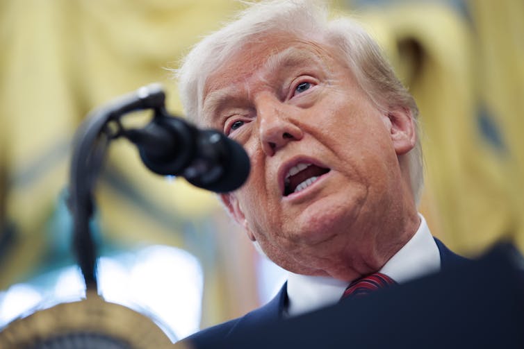 Donald Trump speaks into a microphone.