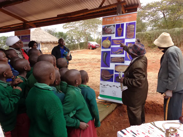 An older African man points to a large banner displaying old objects as a group of African children listen to him.