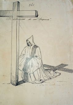 Dibujo de un monje arrodillado frente a la cruz.