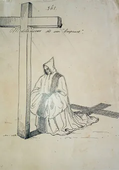 Dibujo de un monje arrodillado frente a la cruz.