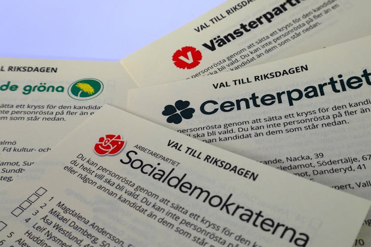 Swedish ballot papers featuring lists of candidates for each party.