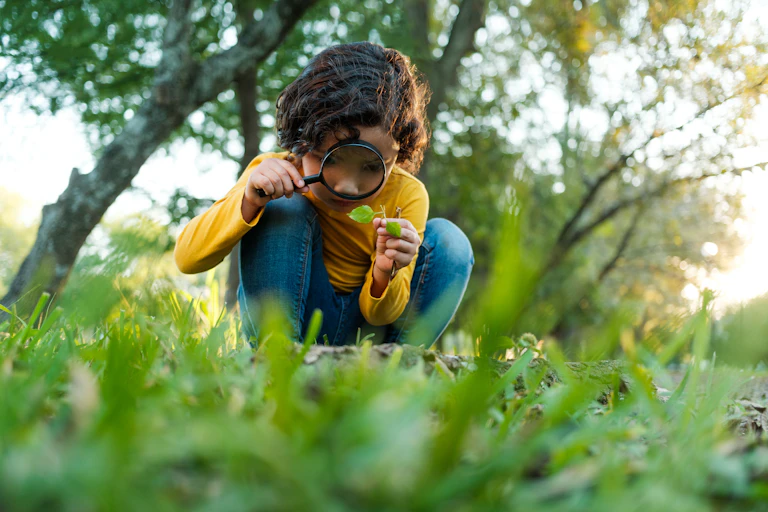 A little girl bending down on a grassy field to look at a leaf closely with a big mangifying glass.