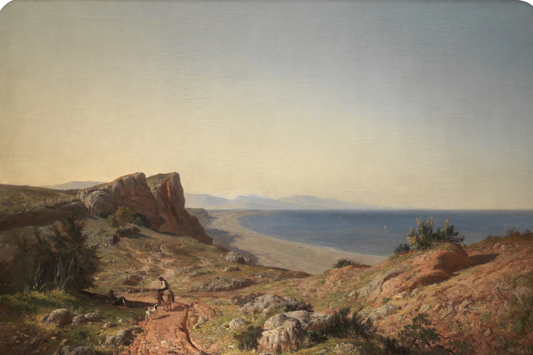 Pintura de un paisaje con playa.