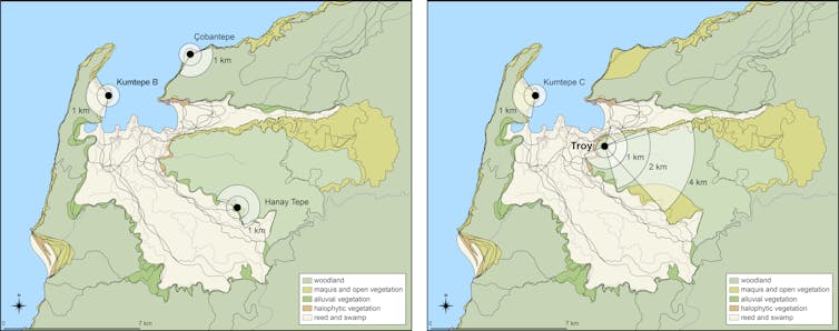 Two maps showing the local vegetation in the vicinity of Troy between 3300–3000BC