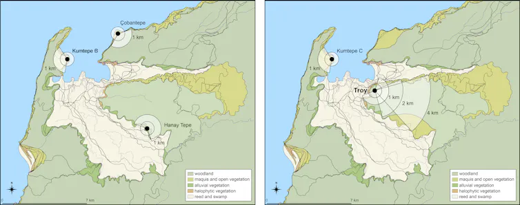 Two maps showing the local vegetation in the vicinity of Troy between 3300–3000BC
