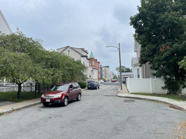 A street with trees.