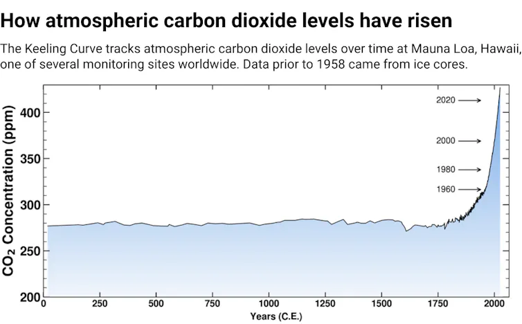 A line chart shows atmospheric carbon dioxide concentrations mostly stable for hundreds of years and then rising with the start of the industrial revolution, and accelerating their rise starting in the mid-1900s.