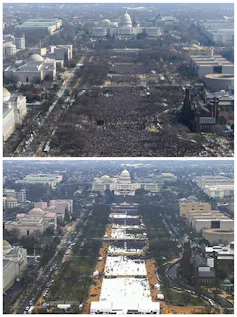 How do scientists estimate crowd sizes at public events – and why are they often disputed? 1 Aerial view of a large crowd in the top image and a much smaller crowd in the bottom image.