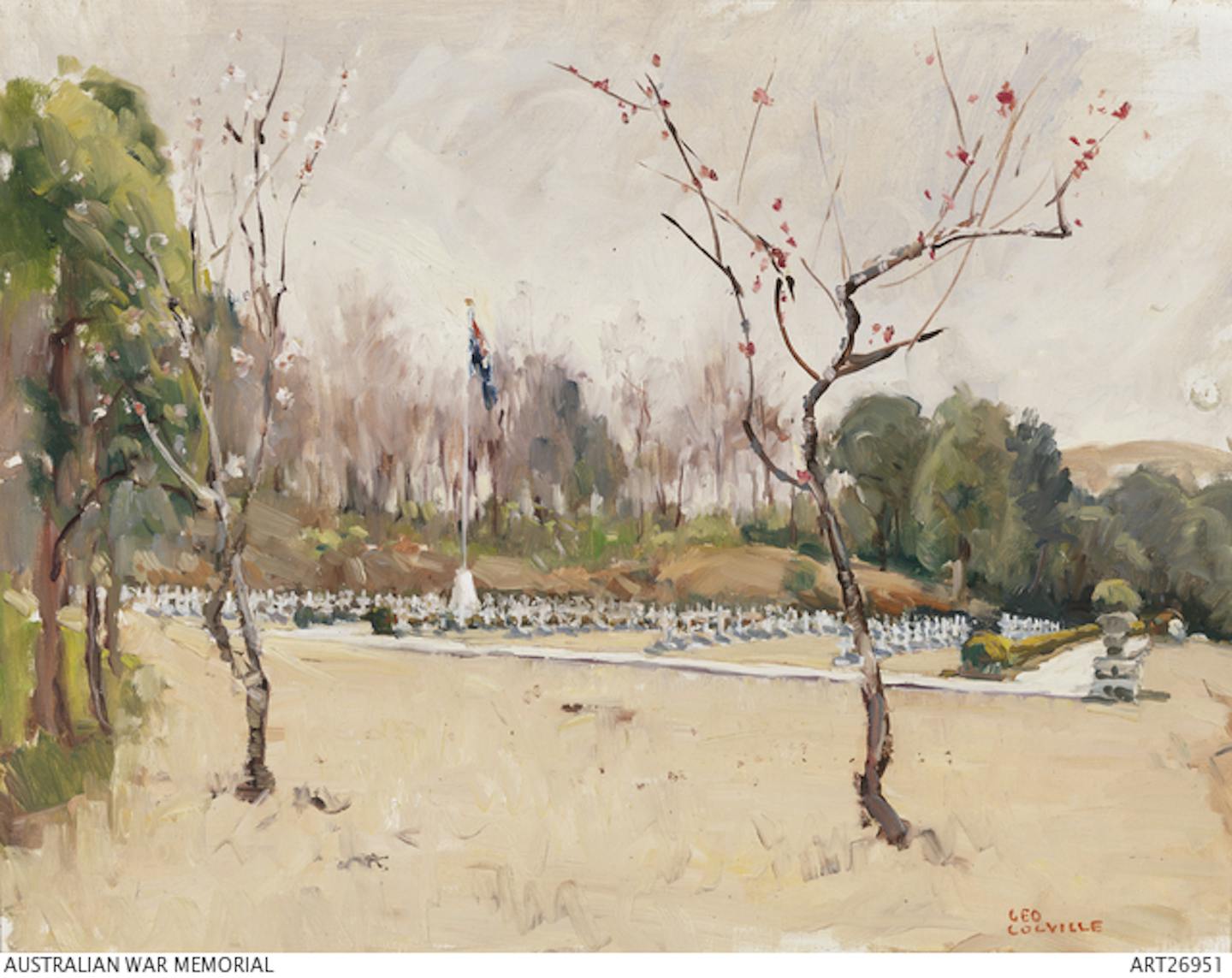 Oil painting, cherry trees in the foreground.