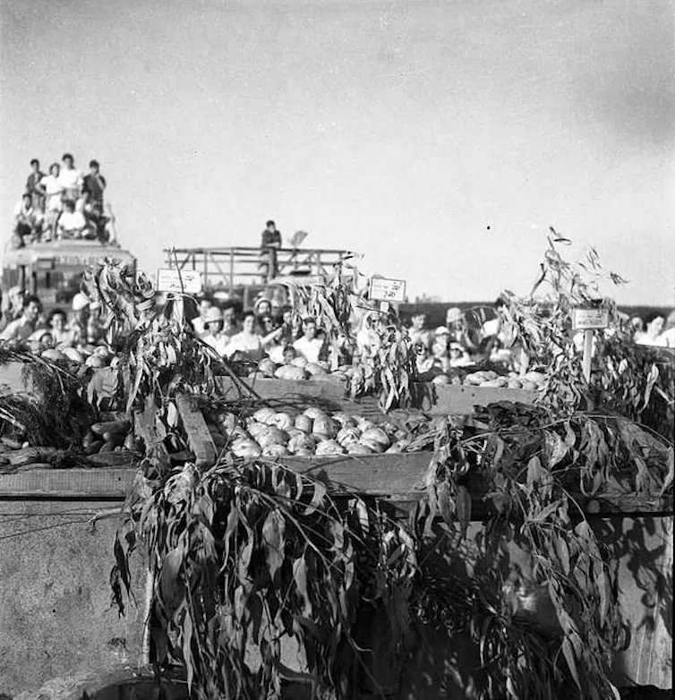 Young Israeli men and women with their harvest.