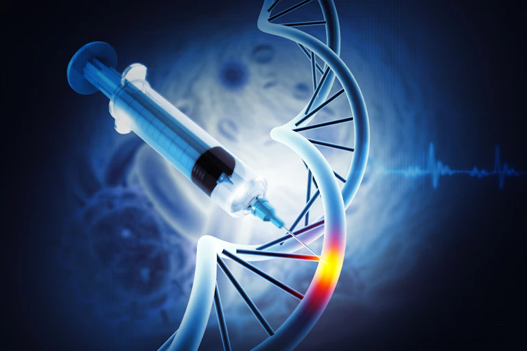 A digital drawing depicting a strand of DNA, with a syringe piercing into a segment of the DNA.