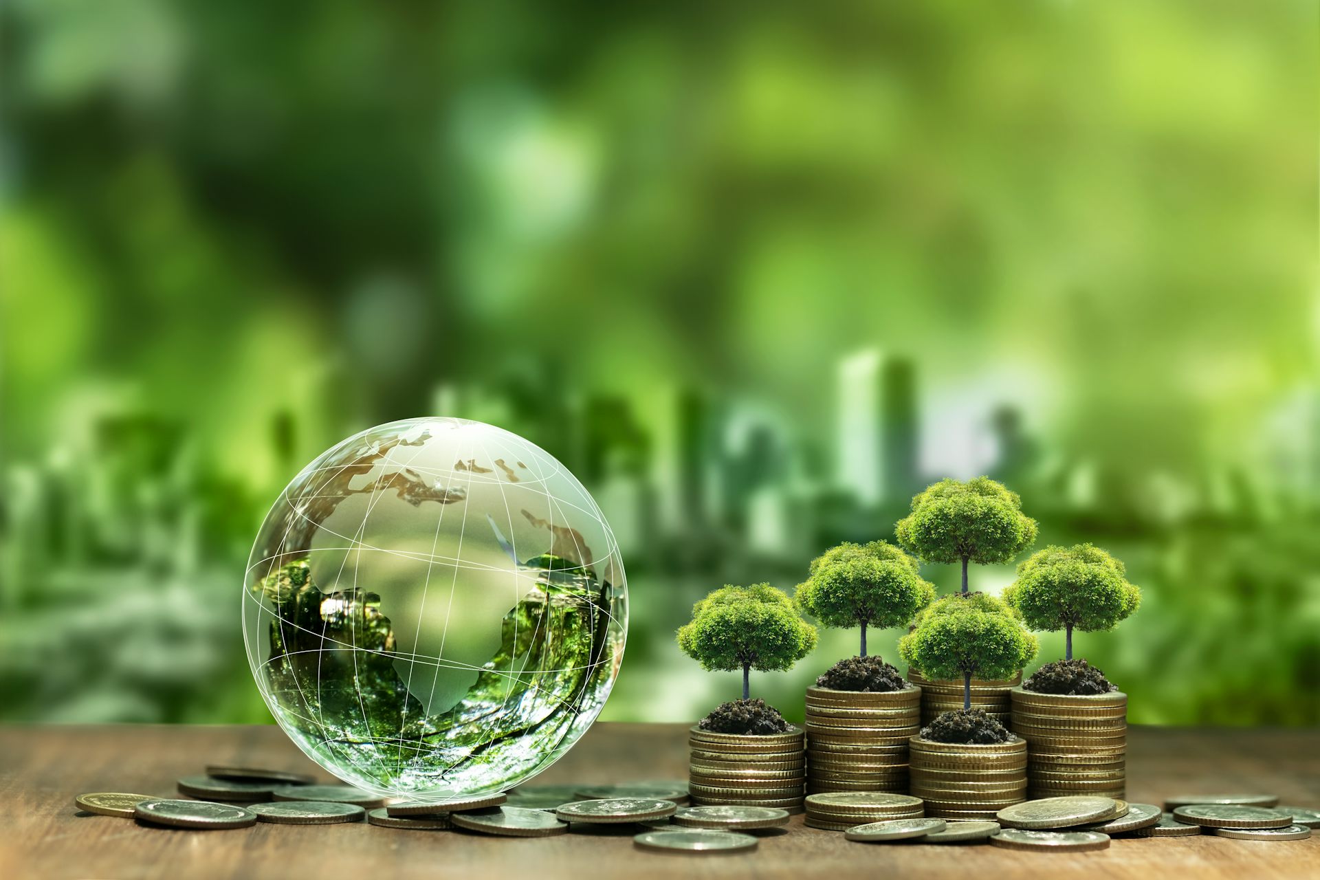 A glass globe featuring Africa next to a pile of coins with trees growing out of them, depicting climate finance