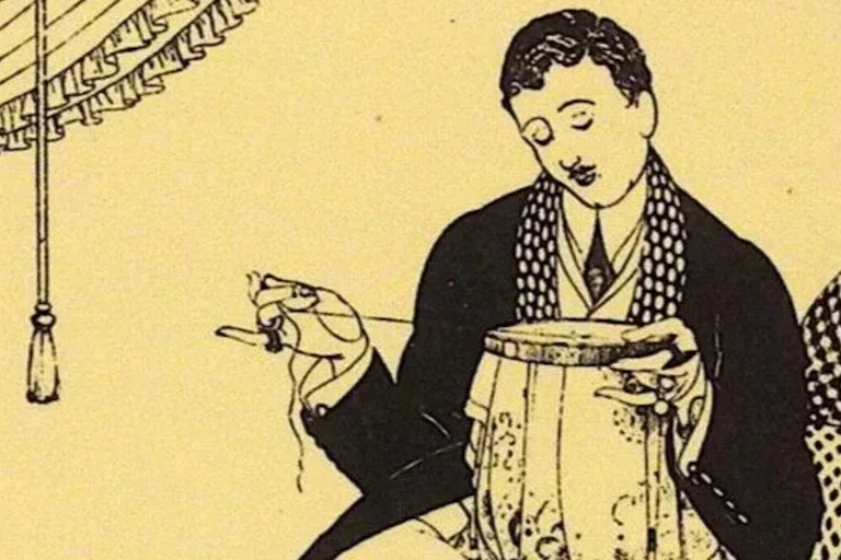 An illustration of a man doing needle point