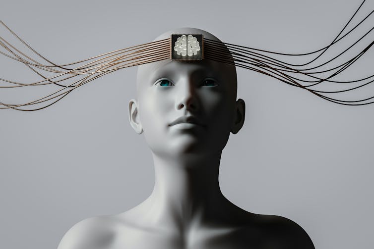 Bustos en 3D de personas con cables que se extienden desde la frente en dos direcciones