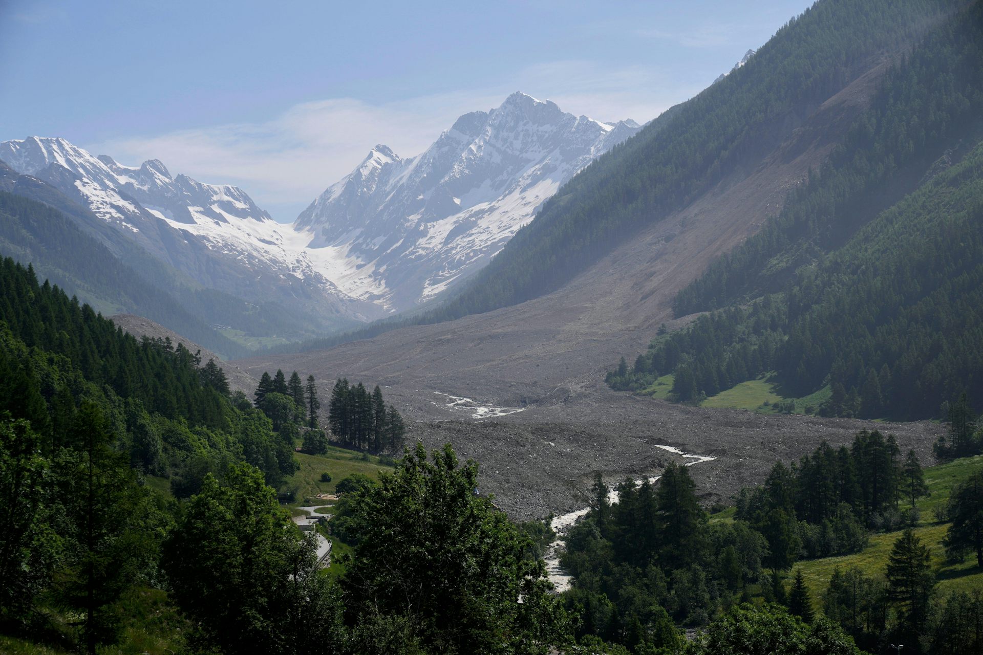 Swiss valley with large landslide aftermath