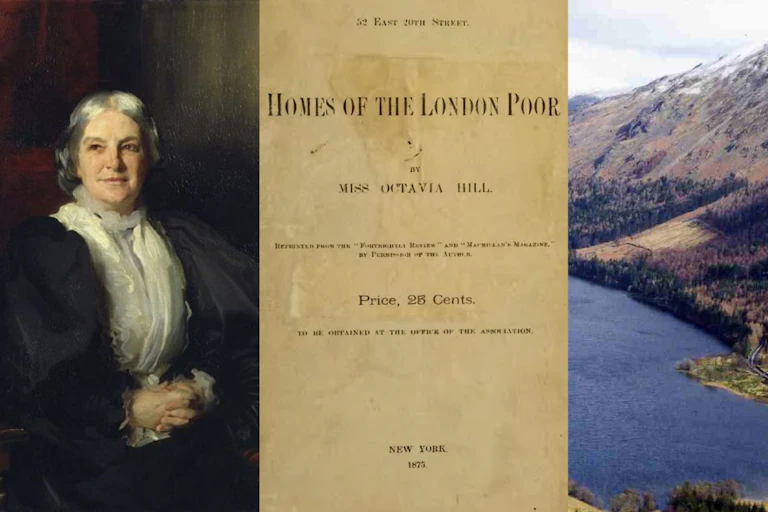 Portrait d'Octavia Hill réalisé par le peintre John Singer Sargent, Couverture de Homes of the London Poor, Panorama du Lac de Thirlmere, près de Manchester.