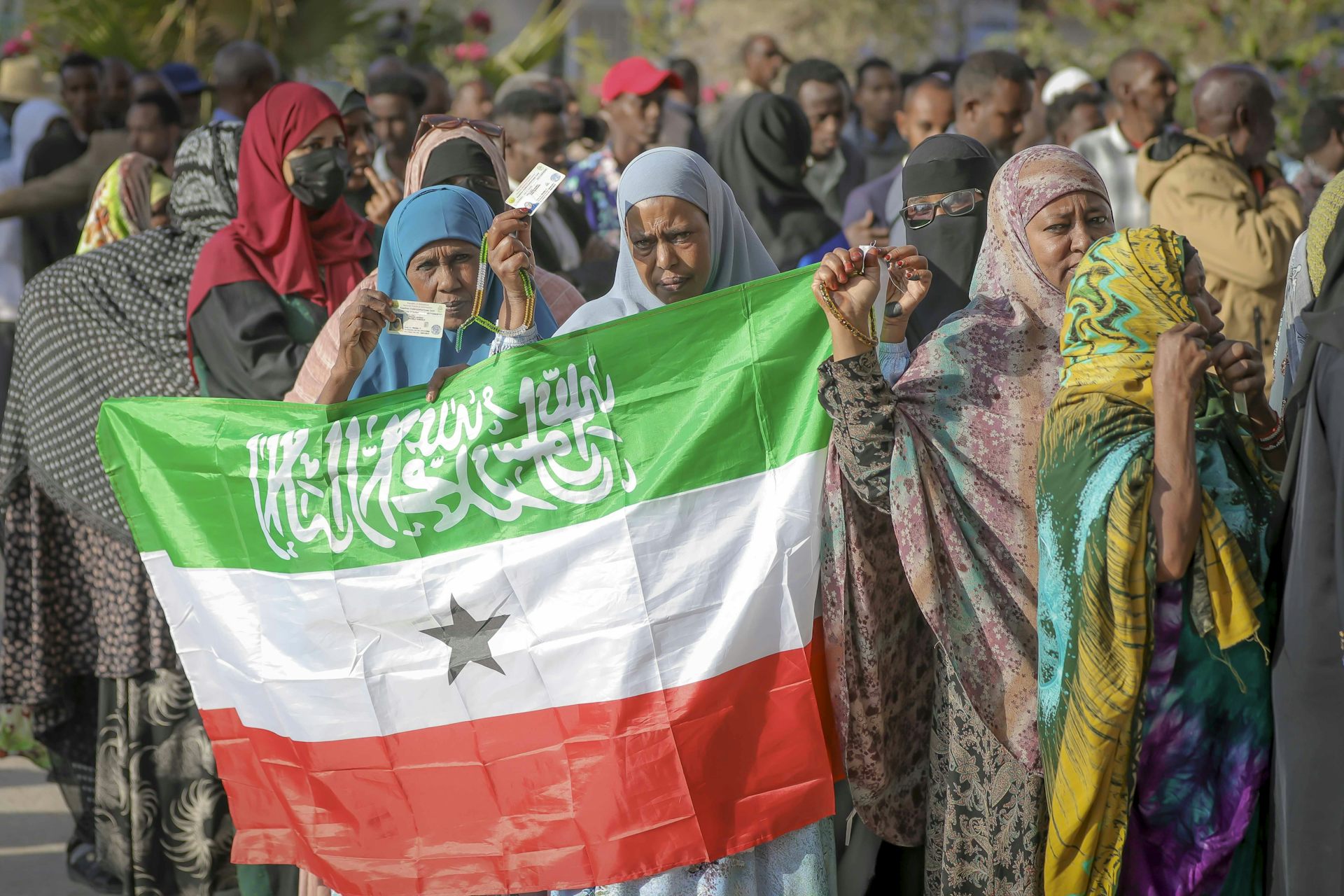 Un grupo de mujeres en hijabi contiene una bandera de rayas verde, blanca y roja que tiene una estrella negra en el medio y Shahad en un escenario caligráfico blanco
