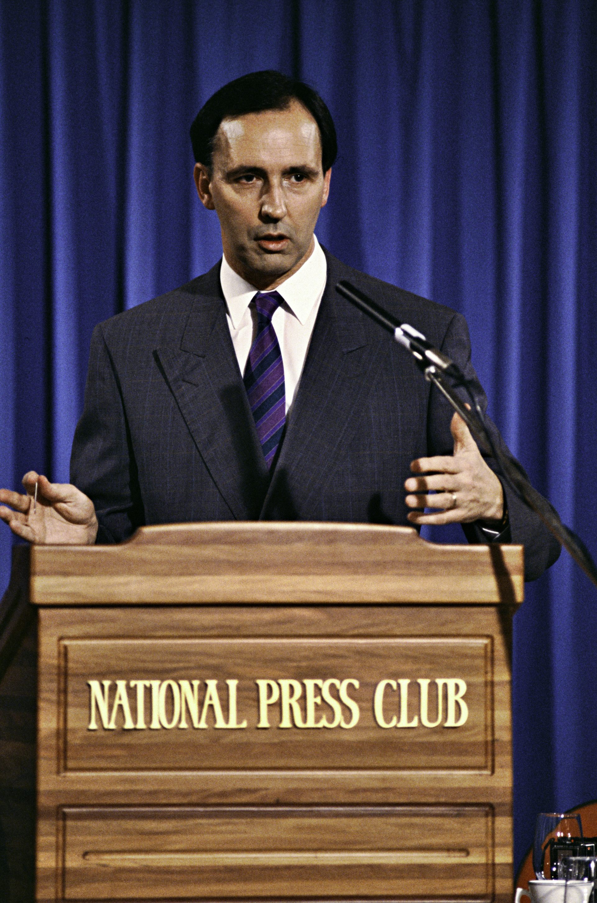 A supplied image obtained Jan. 01, 2015 of Treasurer Paul Keating at the National Press Club after Budget night, Canberra, 1989.