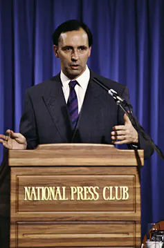 A supplied image obtained Jan. 01, 2015 of Treasurer Paul Keating at the National Press Club after Budget night, Canberra, 1989.
