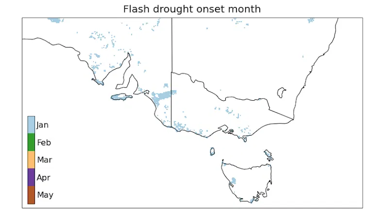 A map of southeastern Australia showing the various onset of flash drought in the first half of 2025