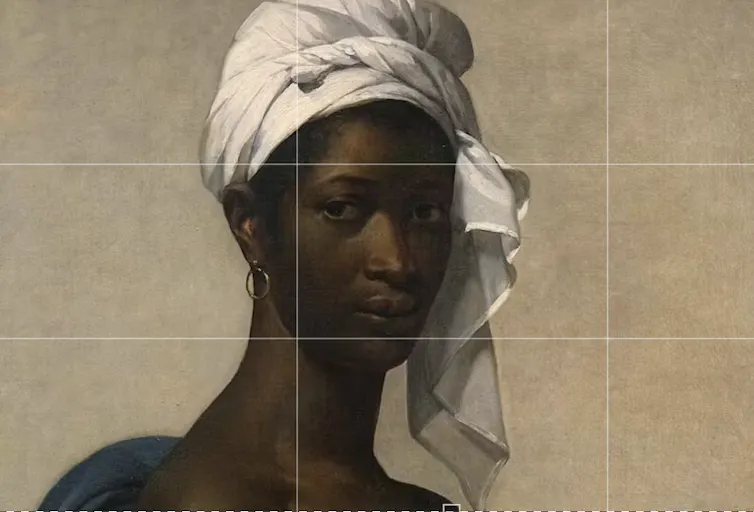 A painting of a serene black woman looking watchful.