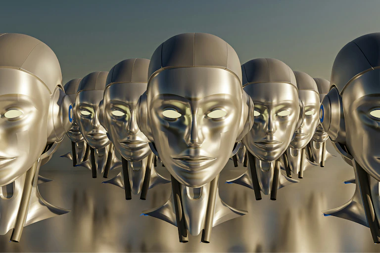 rows of identical golden cyborg heads