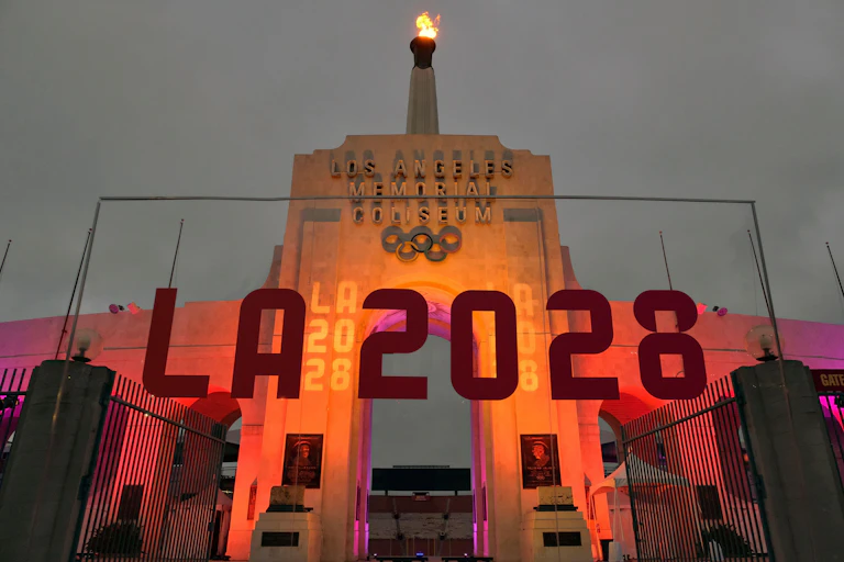 A sign saying LA 2028 refering to the upcoming Olympics in Los Angeles.