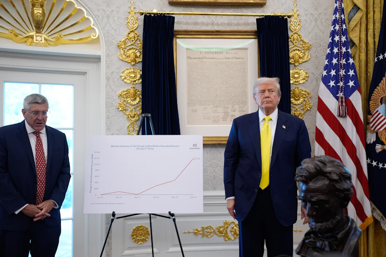 Donald Trump standing next to a display chart.
