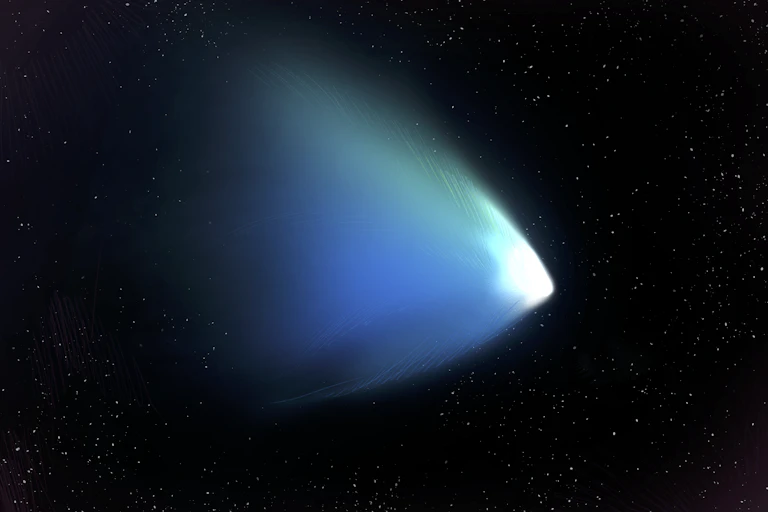 Imagem mostrando um objeto semelhante a um cometa com uma cauda contra um fundo de estrelas.