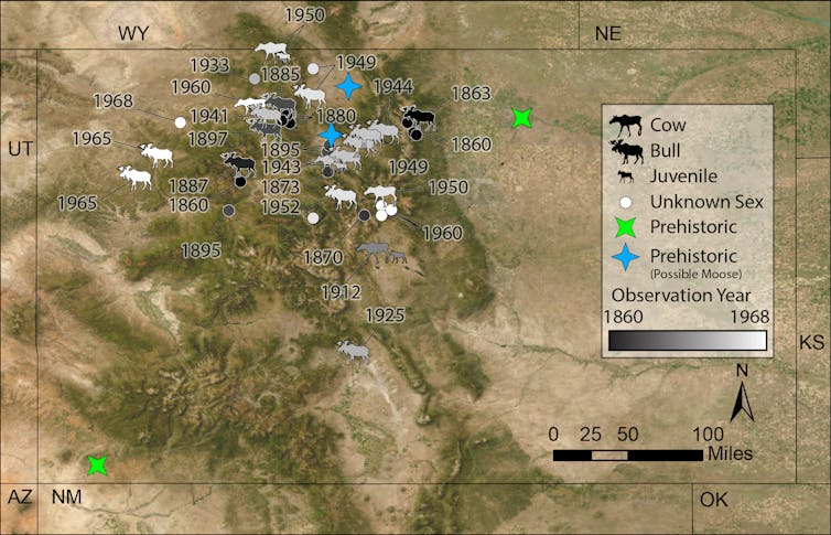 A map of Colorado with moose symbols dotting the state. Instances of moose observations run from prehistoric times to 1968.