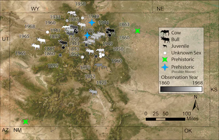 A map of Colorado with moose symbols dotting the state. Instances of moose observations run from prehistoric times to 1968.