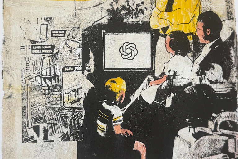 Sam Altman watches over a family consuming his AI, the living room vignette framed by power tool imagery and the words Behaviour Power at the top of the artwork.