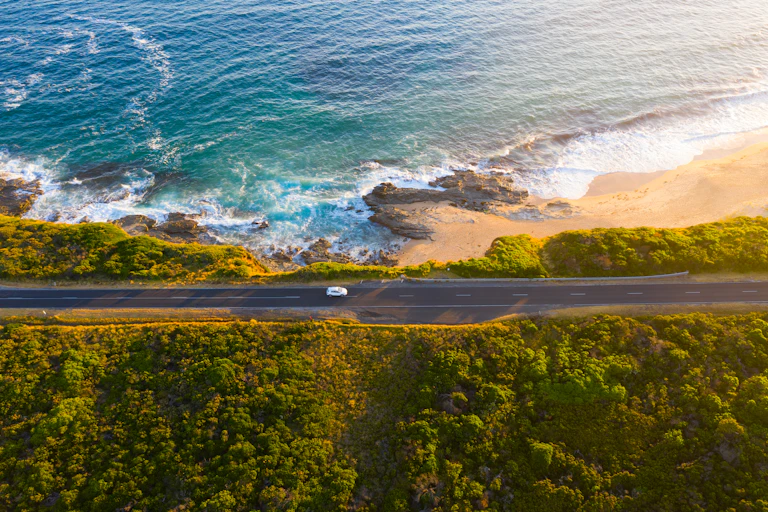 aerial view of car, road trip Australia.