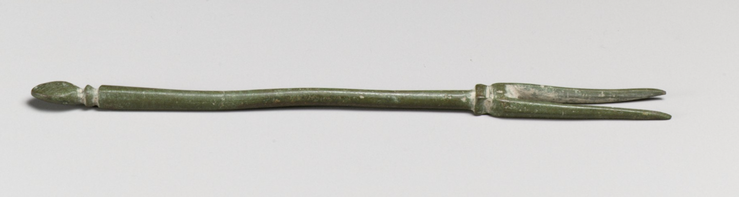 A green fork with two tines.
