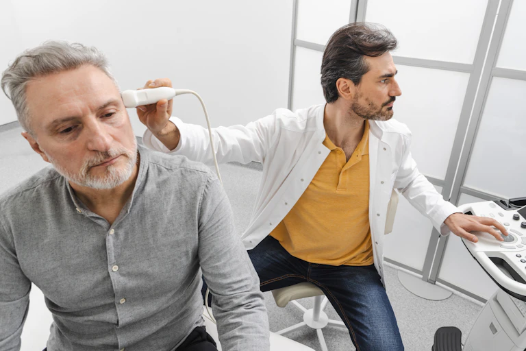 Un soignant pratique un examen sur un patient à l’aide d’ultrasons.